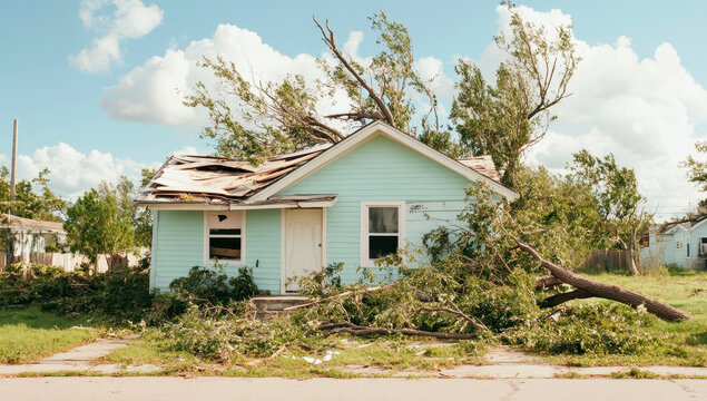 Small blue house with severe roof damage and fallen trees after a strong windstorm, illustrating the importance of wind-resistant construction.