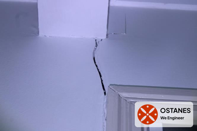 Vertical crack in hallway plasterboard beside a door frame