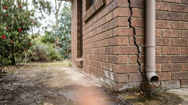 Hairline crack on a plasterboard wall beside a door frame inside a brick veneer home, with wet ground and pooled water outside