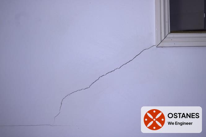 Diagonal crack in an internal wall lining above a window