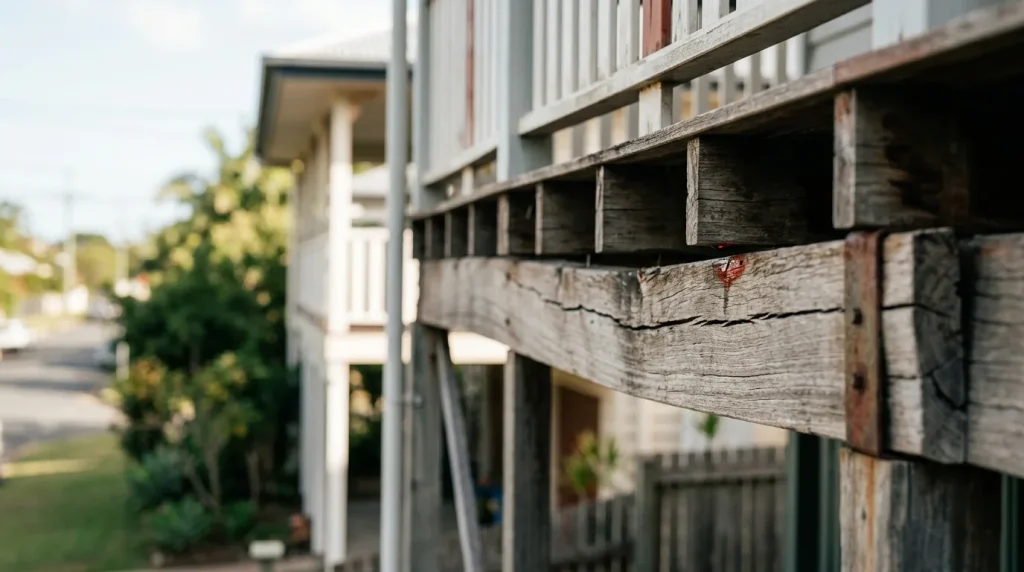 Underside of a weathered timber balcony showing a split joist and a sagging line toward the corner post