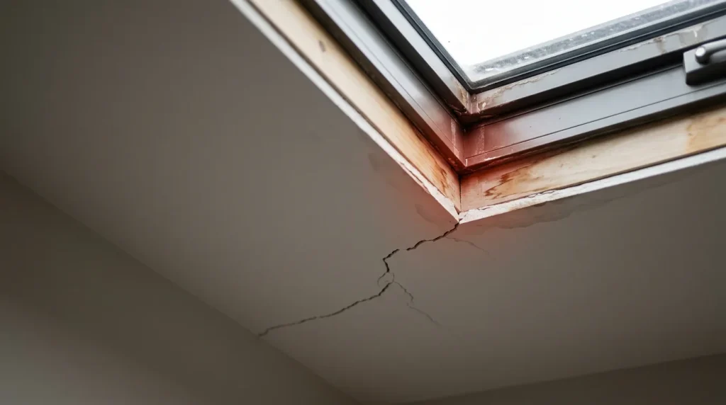 Broken skylight seen from inside a roof cavity with timber trusses and a tarpaulin over the opening